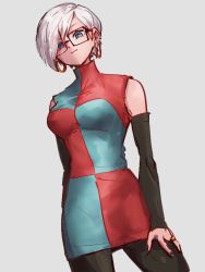 Rule 34 | 1girl, alternate hair length, alternate hairstyle, android 21, blue eyes, breasts, checkered clothes, checkered dress, closed mouth, dragon ball, dragon ball fighterz, dress, earrings, glasses, grey background, hoop earrings, jewelry, kemachiku, long hair, medium breasts, pantyhose, short hair, simple background, smile, solo, white hair