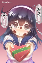 Rule 34 | 10s, 1girl, :o, ahoge, black hair, blush, box, breasts, chocolate, chocolate on face, food, food on face, gradient background, hairband, heart-shaped box, highres, incoming gift, kantai collection, large breasts, long hair, looking at viewer, messy, open mouth, outstretched arms, sakimori dan, school uniform, serafuku, solo, twitter username, ushio (kancolle), valentine