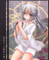 Rule 34 | 1girl, azuki (lizzy), blue eyes, female focus, japanese clothes, kneeling, mononobe no futo, own hands clasped, own hands together, ponytail, purple eyes, solo, touhou, white hair