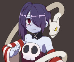 Rule 34 | 1girl, blue skin, colored skin, hair over one eye, highres, leviathan (skullgirls), long hair, oza watto, purple eyes, purple hair, skullgirls, smile, solo, squigly (skullgirls), stitched mouth, stitches, zombie
