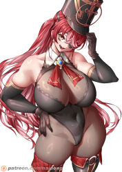 Rule 34 | 1girl, bare shoulders, black leotard, breasts, detached sleeves, eyepatch, fang, feet out of frame, gloves, hat, highres, hololive, houshou marine, huge breasts, leotard, long hair, looking at viewer, naidong (artist), open mouth, red hair, side ponytail, smile, straight hair, thighs, virtual youtuber, white background
