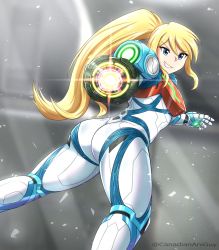 Rule 34 | 1girl, absurdres, aiming, aiming at viewer, arm cannon, armor, ass, blonde hair, blue eyes, canadiananiguy, from behind, grin, highres, long hair, looking at viewer, metroid, metroid dread, nintendo, ponytail, power suit, samus aran, smile, solo, very long hair, weapon