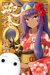 Rule 34 | 1girl, animal ears, anubis (mythology), blush, commentary request, dark-skinned female, dark skin, facepaint, facial mark, fate/grand order, fate (series), floral print, flower, hair flower, hair ornament, hairband, hieroglyphics, jackal ears, japanese clothes, kimono, light blush, long hair, looking at viewer, medjed (fate), nengajou, new year, nitocris (fate), purple eyes, purple hair, sidelocks, smile, solo, translation request, zukky