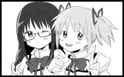 Rule 34 | 2girls, akemi homura, black border, blush stickers, border, bow, bowtie, braid, collared shirt, commentary request, fingernails, glasses, greyscale, hair ornament, hair ribbon, hairclip, hand on another&#039;s shoulder, hand up, high collar, jewelry, juliet sleeves, kaname madoka, light smile, locked arms, long hair, long sleeves, looking at viewer, low twin braids, mahou shoujo madoka magica, mahou shoujo madoka magica (anime), mitakihara school uniform, monochrome, multiple girls, no+bi=, one eye closed, open mouth, puffy sleeves, ribbon, ring, school uniform, shirt, short hair, short twintails, simple background, smile, teeth, twin braids, twintails, upper body, upper teeth only, v, white background