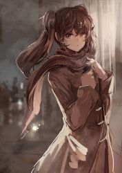 Rule 34 | 1girl, blurry, blush, bokeh, depth of field, highres, koruse, long hair, looking at viewer, monochrome, original, scarf, sepia, sketch, solo, twintails