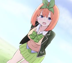 Rule 34 | 1girl, :d, arms behind back, black jacket, blue eyes, blue sky, blush, bow, cloud, collared shirt, commentary request, day, eyebrows hidden by hair, go-toubun no hanayome, green bow, green ribbon, green skirt, hair between eyes, hair ribbon, highres, jacket, kujou karasuma, leaning forward, looking at viewer, nakano yotsuba, open clothes, open jacket, open mouth, orange hair, outdoors, pleated skirt, ribbon, shirt, signature, skirt, sky, smile, solo, standing, sweater vest, white shirt