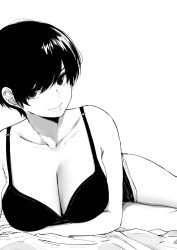 Rule 34 | 1girl, absurdres, arm across chest, bare shoulders, black bra, black hair, bra, breasts, cleavage, commentary, english commentary, greyscale, highres, large breasts, looking at viewer, lying, monochrome, norman maggot, olive laurentia, on stomach, original, parted lips, pixie cut, short hair, shorts, simple background, solo, underwear, white background