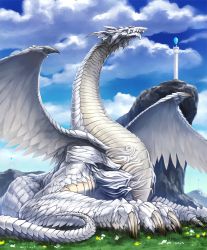 Rule 34 | 10s, 1boy, artist request, cliff, cloud, cloudy sky, cygames, day, dragon, feathered wings, flower, grass, grasslands, mountain, no humans, official art, scales, shadowverse, shingeki no bahamut, sky, tower, trinity dragon, wings