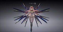 Rule 34 | 1girl, bare shoulders, breasts, closed mouth, elbow gloves, full body, gloves, gradient background, gundam, gundam seed, gundam seed destiny, headgear, highres, long hair, looking at viewer, md5 mismatch, mecha musume, medium breasts, navel, pink hair, resolution mismatch, revealing clothes, see-through, solo, source smaller, strike freedom gundam, thighhighs, thong, wangchuan de quanyan, yellow eyes