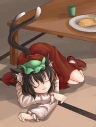Rule 34 | 1girl, :3, absurdres, animal ears, bad id, bad pixiv id, brown hair, cat ears, cat girl, cat tail, chen, cup, earrings, closed eyes, female focus, fish, food, hat, highres, jewelry, lying, multiple tails, nanairo, plate, sleeping, solo, table, tail, taiyaki, touhou, wagashi