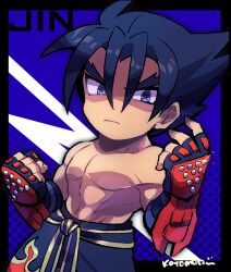 Rule 34 | 1boy, black border, black eyes, black hair, black pants, border, character name, clenched hand, collarbone, glint, gloves, hair between eyes, kazama jin, kotorai, male focus, navel, no nose, pants, pectorals, red gloves, short hair, signature, solo, studded gloves, tekken, toned, toned male, topless male, v-shaped eyebrows