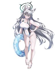 Rule 34 | 1girl, absurdres, animal ear fluff, animal ears, black halo, blue archive, blue eyes, blue innertube, breasts, broken halo, cross, cross hair ornament, dark halo, extra ears, full body, grey hair, hair ornament, halo, hand on own hip, high heels, highres, holding, holding swim ring, innertube, inverted cross, large breasts, long hair, looking at viewer, one-piece swimsuit, shiroko (blue archive), shiroko terror (blue archive), shirokuma a, simple background, solo, standing, swim ring, swimsuit, white background, white footwear, white one-piece swimsuit, wolf ears, wolf girl