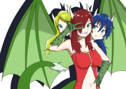 Rule 34 | blonde hair, blue hair, blush, conjoined, dragon girl, horns, navel, red hair, scales, smile, tail, wings