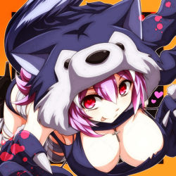 Rule 34 | 1girl, :p, animal costume, animal hood, bandages, black background, breasts, carro (watarui), cleavage, cross, halloween, halloween costume, heart, heart-shaped pupils, highres, hood, large breasts, multicolored background, orange background, original, purple hair, red eyes, simple background, sleeveless, solo, symbol-shaped pupils, tongue, tongue out, usagi-san (watarui), watarui, wolf costume