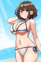 Rule 34 | 1girl, beach, bikini, blue sky, blush, breasts, brown hair, cleavage, cowboy shot, hand in own hair, highres, large breasts, looking at viewer, navel, ocean, original, parted lips, red eyes, senshiya, short hair, side-tie bikini bottom, sky, solo, spoken blush, standing, stomach, sweat, swimsuit, white bikini