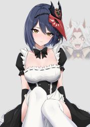 Rule 34 | 1boy, 1girl, absurdres, alternate costume, apron, arataki itto, black bow, black dress, blue hair, bow, bowtie, breasts, cleavage, collarbone, commentary, detached collar, detached sleeves, dress, english commentary, enmaided, facial mark, feet out of frame, feint721, forehead, genshin impact, grey background, hair between eyes, hair ornament, highres, horns, knees together feet apart, kujou sara, looking at viewer, lower teeth only, maid, maid apron, mask, mask on head, oni horns, open mouth, parted lips, puffy short sleeves, puffy sleeves, sharp teeth, short hair, short sleeves, signature, simple background, teeth, thick eyebrows, thighhighs, tongue, upper teeth only, white hair, white thighhighs, yellow eyes