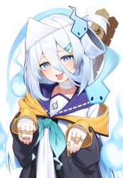 Rule 34 | 1girl, ajishio (loli king), bandaged fingers, bandages, black jacket, blue hair, blue neckerchief, blue sailor collar, commentary request, commission, hair between eyes, hair ornament, hairclip, highres, hitodama, jacket, long sleeves, neckerchief, open mouth, paid reward available, sailor collar, shirt, simple background, skeb commission, solo, suzutuki sui, tongue, tongue out, upper body, varium, virtual youtuber, white background, white shirt