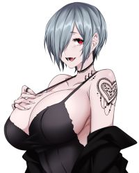 Rule 34 | 1girl, breasts, eyebrows, fang, goth fashion, hand on own chest, heart, heart tattoo, huge breasts, hz (666v), jewelry, looking at viewer, multiple rings, off shoulder, open mouth, original, red eyes, ring, short hair, shoulder tattoo, sideboob, silver hair, simple background, smile, tattoo, undressing, white background