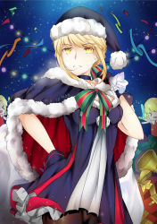 Rule 34 | &gt; &lt;, 1girl, :d, > <, artoria pendragon (fate), blonde hair, breasts, cape, choker, christmas lights, closed eyes, fate/grand order, fate (series), fur-trimmed cape, fur trim, gift, gloves, hand on own hip, hands on own hips, hat, highres, jingzhongyin, open mouth, pantyhose, saber (fate), saber alter, sack, santa alter, santa hat, smile, solo, xd, yellow eyes