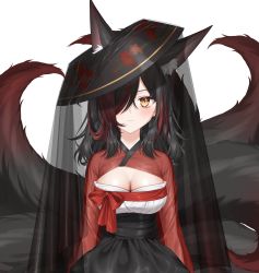 Rule 34 | 1girl, absurdres, animal ears, bad id, bad twitter id, black hair, bow, breasts, cleavage, cleavage cutout, closed mouth, clothing cutout, cropped, fox ears, fox girl, fox tail, hair over one eye, hanbok, harusame (user wawj5773), hat, highres, hong sebi, koiten production, korean clothes, medium breasts, medium hair, multicolored clothes, multicolored hair, official art, one eye covered, red hair, ribbon, simple background, solo, standing, tail, two-tone hair, upper body, veil, virtual youtuber, white background, white legwear, yellow eyes