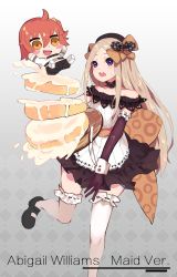 Rule 34 | 2girls, :d, abigail williams (fate), ahoge, bare shoulders, black bow, black choker, black dress, black footwear, black hat, black legwear, black skirt, blush, blush stickers, boots, bow, brown eyes, brown gloves, cake, chaldea uniform, character name, chibi, choker, commentary request, dress, elbow gloves, fate/grand order, fate (series), food, forehead, frilled choker, frilled legwear, frills, fujimaru ritsuka (female), gloves, gradient background, grey background, hair between eyes, hair bow, hat, highres, jacket, knee boots, knife, light brown hair, long sleeves, mary janes, multiple girls, off-shoulder dress, off shoulder, one side up, open mouth, orange bow, pantyhose, parted bangs, plate, pleated dress, pleated skirt, polka dot, polka dot bow, purple eyes, red hair, riyo (lyomsnpmp) (style), shoes, skirt, smile, standing, standing on one leg, sweat, teeth, thighhighs, uniform, upper teeth only, white background, white footwear, white jacket, white legwear, wrist cuffs, za yu a