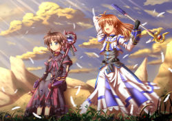 Rule 34 | 2girls, ahoge, alternate hairstyle, blue eyes, blush, brown hair, closed eyes, cloud, divinebuster12, dress, feathers, fingerless gloves, gloves, hair down, laughing, luciferion, lyrical nanoha, magazine (weapon), magical girl, mahou shoujo lyrical nanoha, mahou shoujo lyrical nanoha a&#039;s, mahou shoujo lyrical nanoha a&#039;s portable: the battle of aces, multiple girls, open mouth, orange hair, raising heart, raising heart (accel mode) (2nd), red hair, sitting, smile, staff, stern the destructor, takamachi nanoha, takamachi nanoha (exelion mode), torn clothes