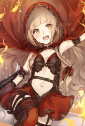 Rule 34 | 1girl, arm up, armband, armpits, black gloves, blonde hair, blunt bangs, blush, breasts, cape, cleavage, elbow gloves, fire, gloves, hair ribbon, highres, hood, hood up, hooded cape, long hair, looking at viewer, navel, open mouth, red cape, red hood, red legwear, red ribbon, red riding hood (sinoalice), ribbon, sidelocks, sinoalice, small breasts, solo, teeth, teroru, upper teeth only, wavy hair, yellow eyes