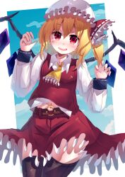 Rule 34 | 1girl, absurdres, ascot, belt, black thighhighs, blonde hair, blue background, blush, breasts, claw pose, cowboy shot, crystal, flandre scarlet, hands up, hat, heart, heart-shaped pupils, highres, long sleeves, looking at viewer, medium hair, midriff peek, mob cap, navel, o-ring, o-ring belt, one side up, open mouth, penglai tea, red eyes, red skirt, red vest, simple background, skirt, skirt set, small breasts, smile, solo, symbol-shaped pupils, teeth, thighhighs, touhou, upper teeth only, vest, wing collar, wings, yellow ascot
