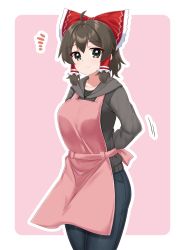Rule 34 | 1girl, absurdres, ahoge, apron, black eyes, black hoodie, blue pants, border, bow, brown hair, closed mouth, commentary request, cookie (touhou), cowboy shot, denim, dressing, frilled bow, frills, gnzy, hair bow, hakurei reimu, highres, hood, hoodie, jeans, long sleeves, looking at viewer, maru (cookie), notice lines, pants, pink apron, pink background, red bow, short hair, simple background, smile, solo, standing, touhou, white border