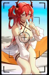 Rule 34 | 1girl, arknights, bare shoulders, between legs, bikini, black bikini, blurry, blurry background, breasts, chromatic aberration, cleavage, criss-cross halter, day, depth of field, detached sleeves, dun ji, eating, food, food on body, food on breasts, hair intakes, hair ornament, hair rings, halterneck, hammock, hand between legs, holding, holding food, horns, large breasts, long hair, long sleeves, looking at viewer, official alternate costume, outdoors, popsicle, purple eyes, red hair, sitting, solo, star (symbol), star hair ornament, surtr (arknights), surtr (colorful wonderland) (arknights), swimsuit, swimsuit cover-up, v-shaped eyebrows, viewfinder
