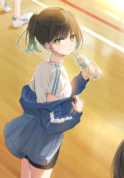 Rule 34 | 1girl, 2others, black shorts, blue jacket, bottle, brown hair, clothes down, commentary request, cowboy shot, dot nose, earrings, green eyes, gym shirt, gym uniform, highres, holding, holding bottle, jacket, jewelry, light blush, long sleeves, looking at viewer, looking back, multiple others, open clothes, open jacket, original, parted lips, ponytail, shirt, shoes, short hair, short ponytail, short sleeves, shorts, sneakers, solo focus, standing, stud earrings, sweatdrop, track jacket, water bottle, white shirt, wooden floor, yukimaru nun