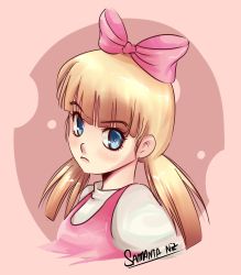 Rule 34 | 1girl, absurdres, artist name, blonde hair, blue eyes, bow, frown, hair bow, helga g pataki, hey arnold!, highres, looking at viewer, low twintails, pink background, samanta niz, solo, twintails, unibrow