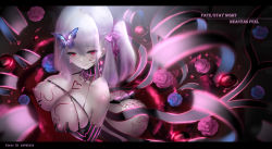 Rule 34 | 1girl, blurry, blurry foreground, body markings, bow, breasts, butterfly hair ornament, dark sakura, elbow gloves, fate/stay night, fate (series), from above, gloves, hair bow, hair ornament, heaven&#039;s feel, highres, hk (hk), large breasts, matou sakura, nipples, red eyes, revealing clothes, side ponytail, solo, white hair
