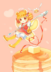 Rule 34 | 1girl, :&gt;, :o, animal ears, bear ears, bloomers, boots, brown eyes, butter, drill hair, fairy, fairy wings, flying, food, hair ornament, heart, heart hair ornament, highres, looking at viewer, morinaga (brand), orange hair, original, oversized object, pancake, personification, pink background, red skirt, short hair, skirt, solo, spoon, syrup, takeda mika, thigh boots, thighhighs, twin drills, underwear, white bloomers, wings, yellow footwear