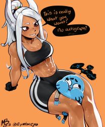 Rule 34 | 1girl, 2022, abs, absurdres, animal ears, asphyxiation, bare shoulders, between thighs, bike shorts, black gloves, black shorts, black sports bra, boku no hero academia, carrot hair ornament, cat boy, collarbone, dark-skinned female, dark skin, english text, eymbee, fingerless gloves, food-themed hair ornament, gloves, gumball watterson, hair ornament, head between thighs, highres, long hair, looking at another, midriff, mirko, muscular, muscular female, navel, orange background, parted bangs, ponytail, rabbit ears, rabbit girl, rabbit tail, raised eyebrow, red eyes, scissorhold, shorts, signature, sitting, speech bubble, sports bra, squeezing, stomach, sweat, tail, the amazing world of gumball, thick thighs, thighs, twitter username, white hair