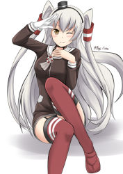 Rule 34 | 10s, 1girl, amatsukaze (kancolle), black panties, blush, brown dress, brown eyes, choker, dress, fuuma nagi, gloves, grey neckerchief, hair tubes, hand on forehead, headgear, kantai collection, long hair, long sleeves, looking at viewer, neckerchief, one eye closed, panties, panty peek, red thighhighs, sailor collar, sailor dress, silver hair, simple background, single glove, smile, solo, striped clothes, striped thighhighs, thighhighs, twitter username, two side up, underwear, white background, white gloves