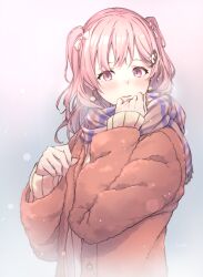 Rule 34 | 1girl, absurdres, bang dream!, blurry, blurry background, cat hair ornament, coat, earrings, hair ornament, hand up, highres, hiromachi nanami, jewelry, light blush, looking at viewer, medium hair, pink eyes, pink hair, scarf, snow, solo, sou (kanade 3344), two side up, upper body, winter clothes