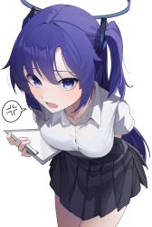 Rule 34 | 1girl, absurdres, anger vein, arm behind back, black halo, black skirt, blue archive, clipboard, collarbone, collared shirt, furrowed brow, halo, highres, holding, holding clipboard, leaning forward, long hair, looking at viewer, open mouth, pleated skirt, purple eyes, purple hair, shirt, skirt, spoken anger vein, sukoyaka konbu, two side up, very long hair, white background, white shirt, yuuka (blue archive)