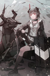 Rule 34 | 1girl, arknights, black collar, black footwear, black jacket, black socks, breasts, chinese commentary, collar, commentary request, female focus, grey hair, horns, jacket, kneehighs, long sleeves, looking at viewer, mechanical legs, nerok, open clothes, open jacket, partial commentary, red eyes, shield, shirt, shoes, short hair, sitting, small breasts, socks, solo, thigh strap, thighs, vulcan (arknights), white shirt