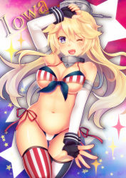 Rule 34 | 10s, 1girl, american flag bikini, bare shoulders, bikini, blonde hair, blue eyes, blush, breasts, cleavage, elbow gloves, fingerless gloves, flag print, front-tie top, gloves, highres, iowa (kancolle), kantai collection, long hair, looking at viewer, navel, one eye closed, open mouth, shiny skin, side-tie bikini bottom, skindentation, solo, star-shaped pupils, star (symbol), suzu, suzumia (daydream), swimsuit, symbol-shaped pupils, thigh gap, thighhighs