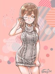 Rule 34 | 10s, 1girl, 2017, ;), adjusting eyewear, aran sweater, bare shoulders, bespectacled, breasts, brown hair, cable knit, character age, character name, circle, commentary request, cowboy shot, dated, dress, glasses, hand on eyewear, heart, highres, holding, holding clothes, holding dress, kunikida hanamaru, looking at viewer, love live!, love live! sunshine!!, meiji (mosamoo3), meme attire, one eye closed, pink background, sleeveless, sleeveless dress, sleeveless turtleneck, smile, solo, striped, sweater, sweater dress, translation request, turtleneck, twitter username, unworn dress, virgin killer sweater, yellow eyes