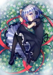 Rule 34 | 1girl, absurdres, ahoge, arm ribbon, black dress, black footwear, black pantyhose, black ribbon, blurry edges, clenched hands, closed mouth, commentary, dress, expressionless, flower, frilled dress, frilled sleeves, frills, full body, grey hair, hair between eyes, highres, ice (icepuli), kagari (rewrite), knees together feet apart, long ribbon, looking at viewer, lying, mary janes, on grass, on side, outdoors, pantyhose, puffy short sleeves, puffy sleeves, purple eyes, red ribbon, rewrite, ribbon, shoes, short hair, short sleeves, white flower, wrist bow