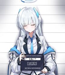 Rule 34 | 1girl, absurdres, blue archive, blue necktie, blush, closed eyes, closed mouth, collared shirt, dated, formal, grey hair, halo, highres, jacket, long hair, long sleeves, mechanical halo, necktie, noa (blue archive), shirt, solo, sstthei, suit, two-sided fabric, two-sided jacket, upper body, white jacket