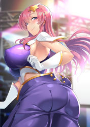 Rule 34 | 1girl, ass, blue eyes, blush, breasts, closed mouth, covered erect nipples, elbow gloves, gloves, gundam, gundam seed, hair ornament, hassen (8cm), highres, large breasts, long hair, looking at viewer, meer campbell, pink hair, smile, solo, star (symbol), star hair ornament, white gloves