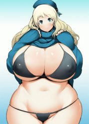 Rule 34 | 10s, 1girl, animated, animated gif, atago (kancolle), bikini, blonde hair, blush, breasts, cleavage, clothes lift, covered erect nipples, curvy, gigantic breasts, green eyes, groin, kantai collection, long hair, looking at viewer, navel, plump, sasaki tatsuya, shirt, shirt lift, smile, solo, standing, sweater, swimsuit, thick thighs, thighs, wide hips