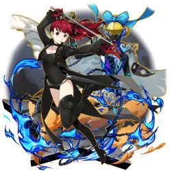 Rule 34 | 1girl, arm up, black coat, black footwear, black leotard, black thighhighs, breasts, cendrillion (persona), chain, choker, cleavage, closed mouth, coat, collarbone, female focus, floating hair, full body, gloves, high heels, highres, holding, holding sword, holding weapon, leg up, leotard, long hair, looking at viewer, matching hair/eyes, medium breasts, official art, outstretched arm, persona, persona 5, persona 5 the royal, pumps, red eyes, red gloves, red hair, smile, solo, sword, sword art online, thighhighs, transparent background, weapon, yoshizawa kasumi