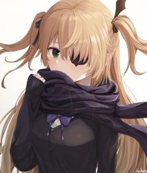 Rule 34 | 1girl, blonde hair, blush, bow, bowtie, breasts, eyepatch, fischl (genshin impact), gahara, genshin impact, green eyes, long hair, long sleeves, looking at viewer, medium breasts, one eye covered, plaid, plaid scarf, purple bow, purple bowtie, purple scarf, scarf, scarf over mouth, signature, simple background, sleeves past wrists, solo, straight hair, two side up, upper body, very long hair, white background