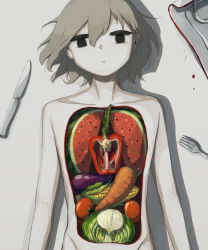 Rule 34 | 1boy, arms at sides, asparagus, avogado6, beans, bell pepper, black eyes, blood, cabbage, carrot, collarbone, commentary, corn, eggplant, empty eyes, english commentary, food, fork, fruit, grey hair, groin, hair between eyes, hair spread out, highres, hole in chest, hole on body, knife, looking at viewer, lying, male focus, no pupils, nude, on back, onion, original, out-of-frame censoring, pale skin, parted lips, pepper, shadow, solo, tomato, watermelon, watermelon slice