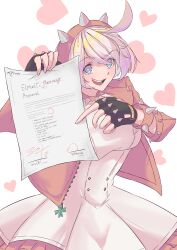 Rule 34 | 1girl, :d, absurdres, ahoge, black gloves, blue eyes, bracelet, breasts, calmgreentori, clover, collar, commentary, contract, crossed out, dress, elphelt valentine, english text, fingerless gloves, four-leaf clover, frills, gloves, guilty gear, guilty gear strive, hairband, heart, heart-shaped pupils, highres, holding, holding paper, huge ahoge, jacket, jewelry, large breasts, long sleeves, looking at viewer, open mouth, paper, pink jacket, short hair, simple background, smile, solo, spiked bracelet, spiked collar, spiked hairband, spikes, symbol-shaped pupils, teeth, upper teeth only, white background, white dress, white hair