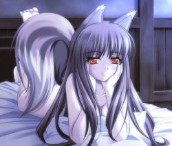 Rule 34 | 00s, 1girl, animal ears, bad id, bad pixiv id, bed, blush, brown hair, female focus, holo, indoors, lying, nude, red eyes, shiumai, solo, spice and wolf, tail, wolf ears, wolf tail